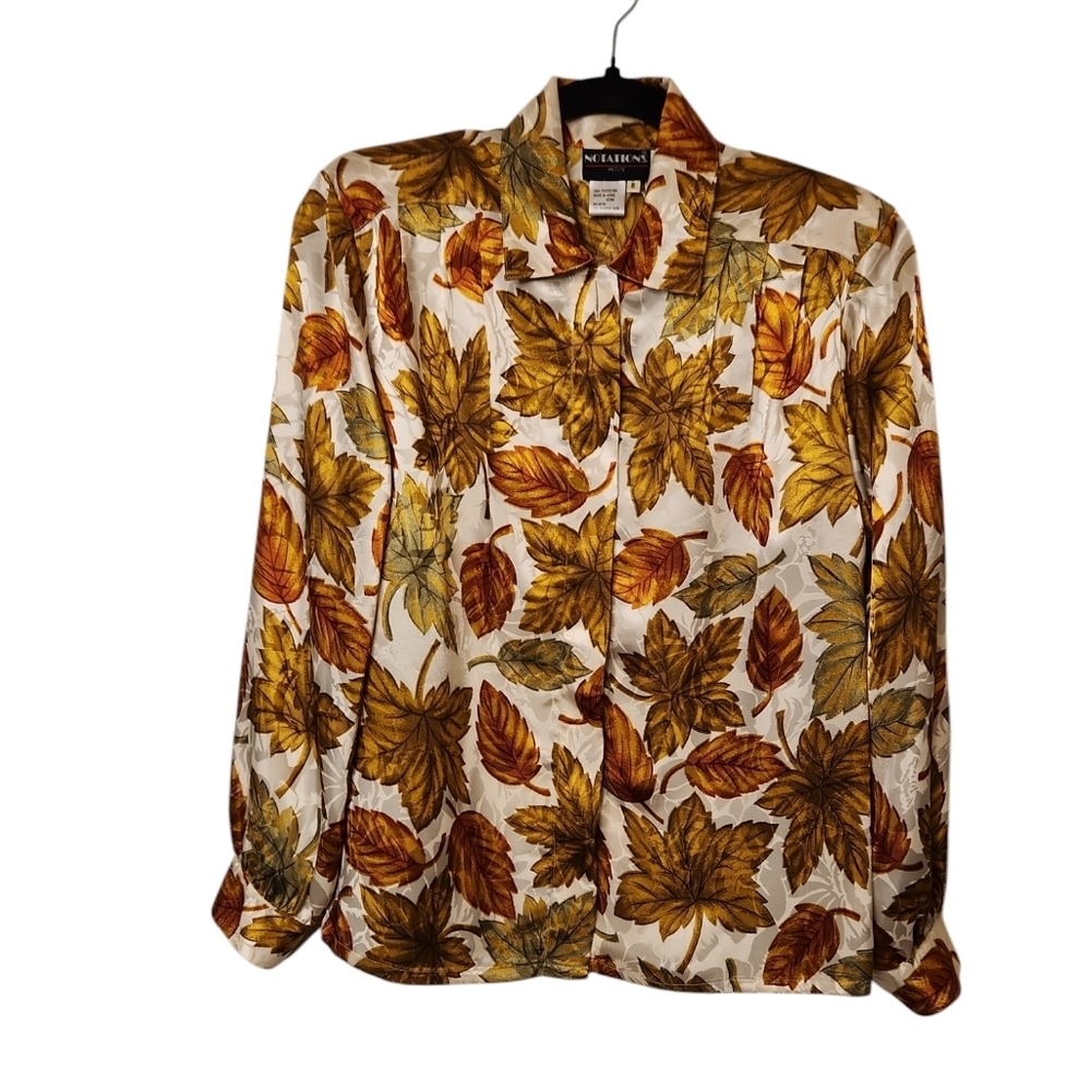 Notations Women's Autumn Leaf Long Sleeve Hidden Button Front Blouse Size 8P
